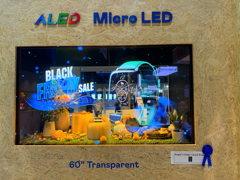 世界杯下单平台网站官网60吋高透明度Micro LED显示器获&rdquo;最佳Micro LED技术应用奖&rdquo;，将Micro LED面板透明化之设计特性极致发挥，以可扩展性无缝拼接技术打造，具备600 nits全画面亮度、大于60%穿透率及超过NTSC 110%的优异广色域表现，可依需求灵活应用于各种场域