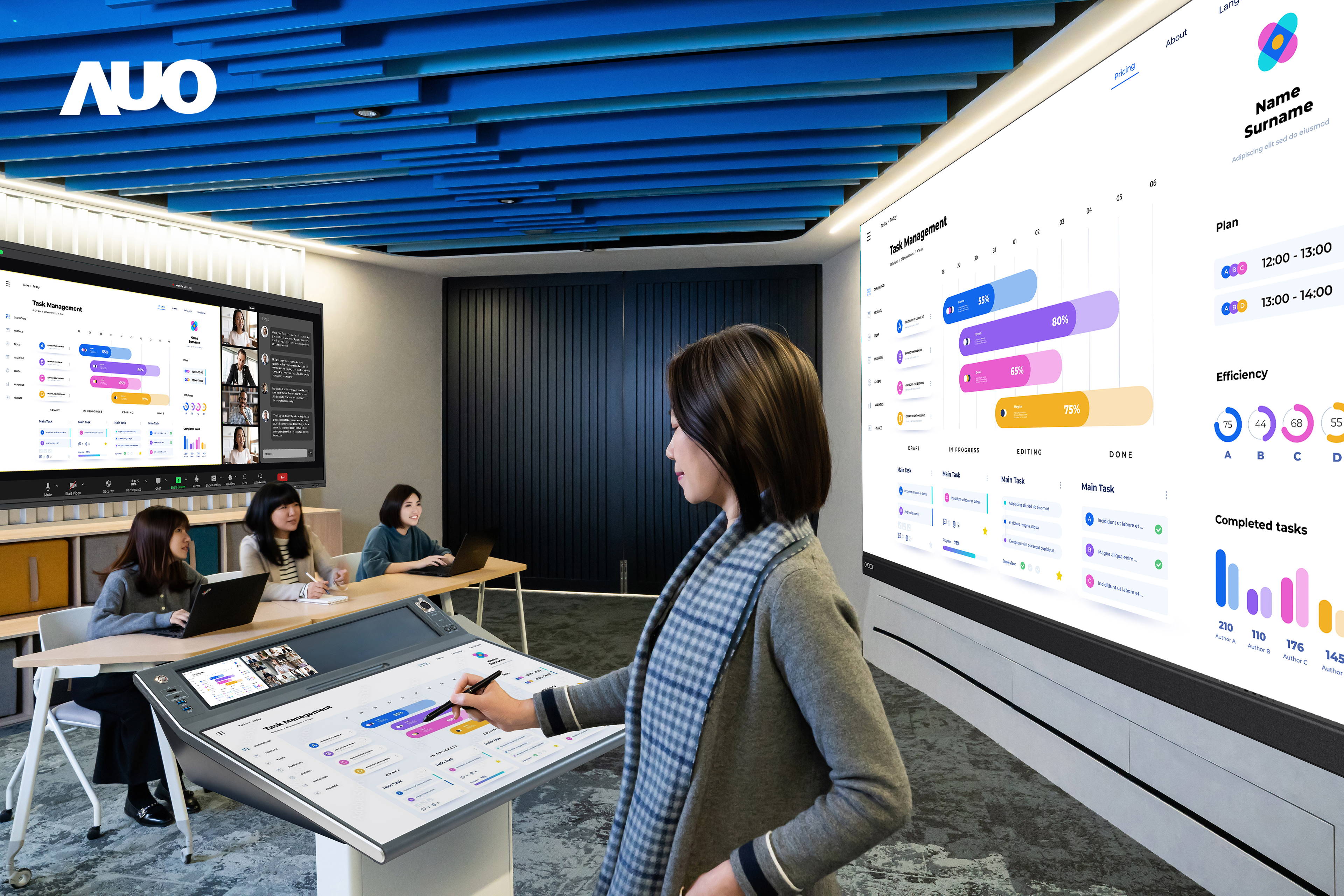 达擎携手Avocor与Rise Vision展示全方位商务领域应用，包含采用模块化设计的138吋一体式All-in-One LED显示器及具21:9超宽比例的92吋交互式电子白板（IFPD），讲者可轻松分享内容，有效提升会议协作效率。